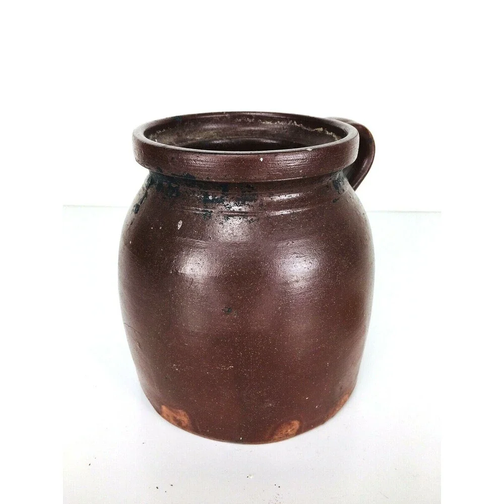 Antique Late 1800s Farmhouse Slip Glazed Stoneware Crock With Handle & Wood Lid